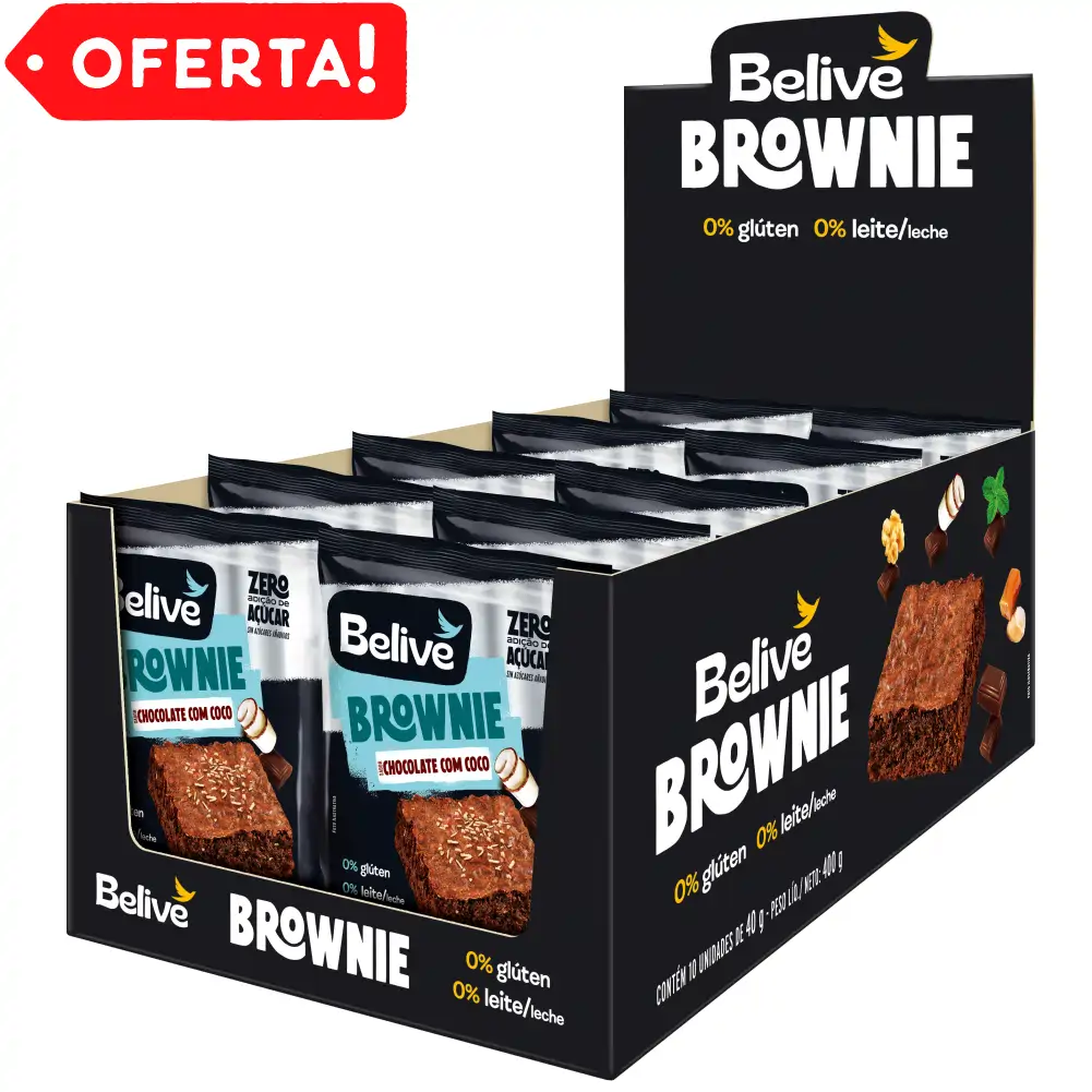 Caixa de Brownies Fit Chocolate com Coco Sem Açúcar Sem Glúten Sem Leite Belive
