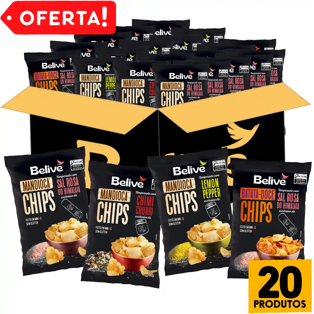 Combo Chips de Batata-Doce e Mandioca Sem Glúten Com Temperos 100% Naturais Belive – 20 Unid