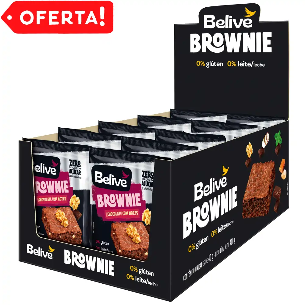 Caixa de Brownies Sem Açúcar Sem Glúten Sem Leite Chocolate com Nozes Belive