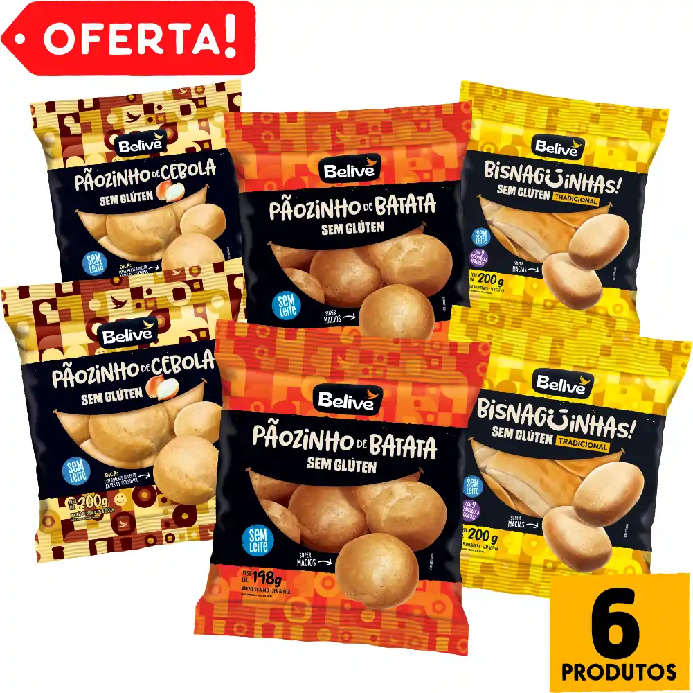 Combo Bisnaguinha, Pão de Cebola e Pão de Batata Sem Glúten Sem Leite Belive - 6 pacotes