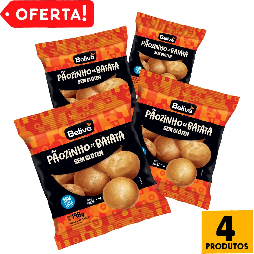 Combo Pão de Batata Sem Glúten Sem Leite Sem Lactose Belive - 4 pacotes