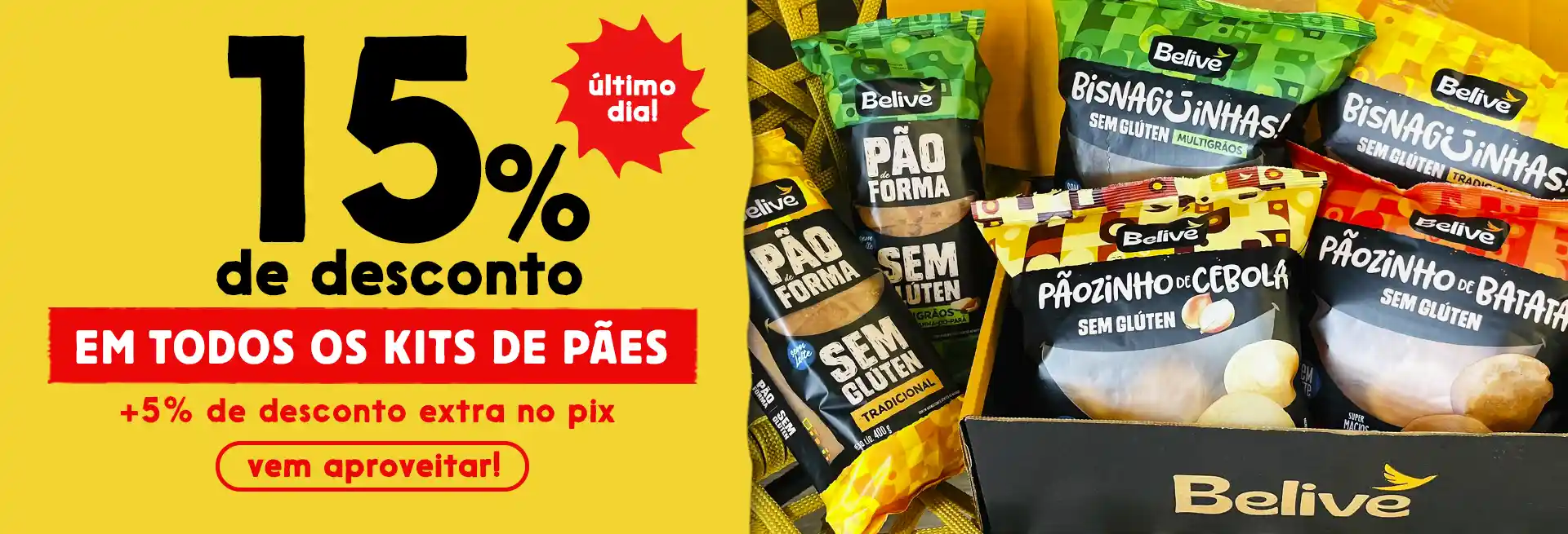 Banner oferta Pães sem glúten Belive com 15% de desconto