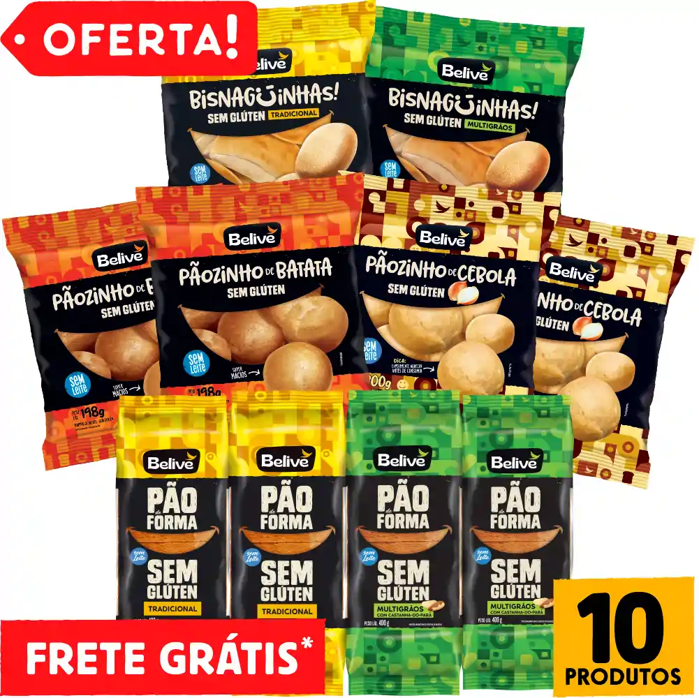 Kit Pães Sem Glúten Sem Lactose Sem Leite COMPLETÃO Belive - 10 pacotes